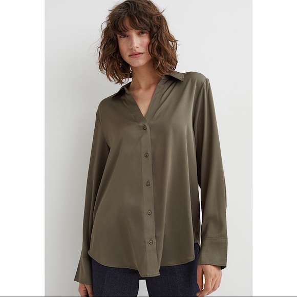 H&M Tops - H&M Dark Khaki Green Oversized Satin Button Blouse Size Small